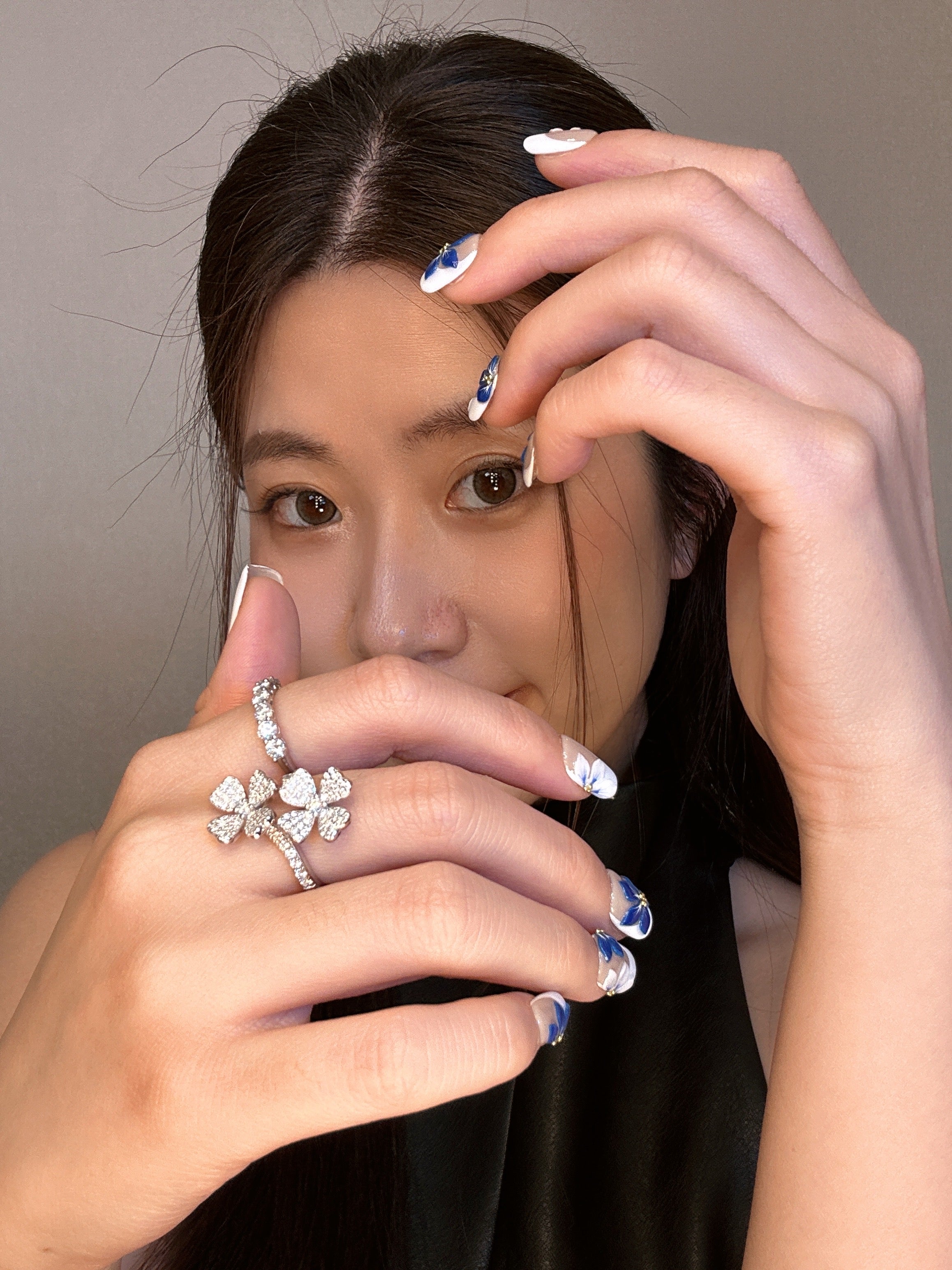 QModa 25-12S-6, SOFT MANNERS COLLECTION-Blue Courtesy, 100% hand made craft press on nails