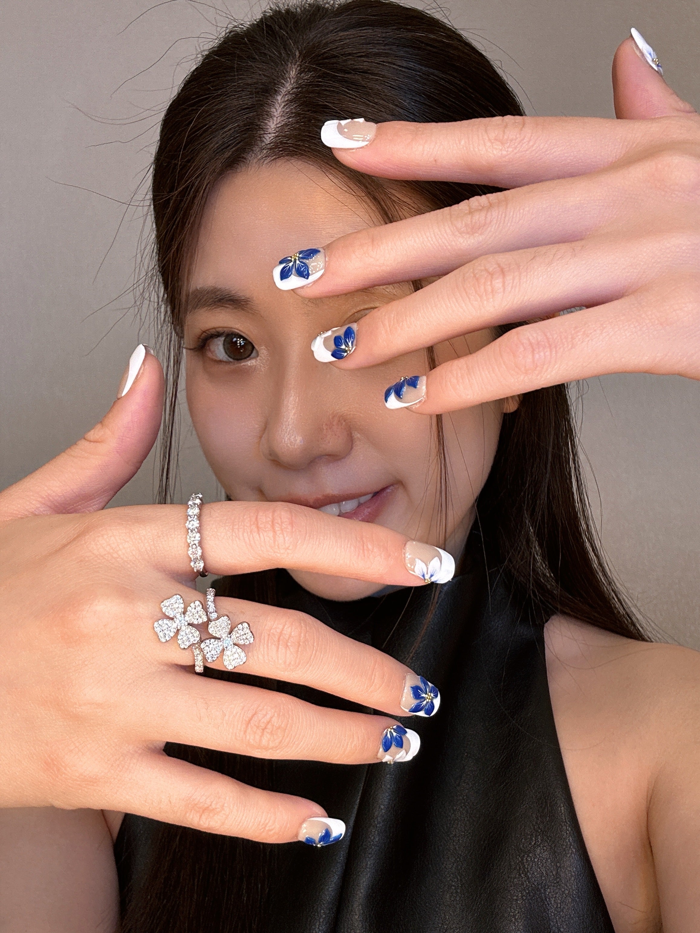 QModa 25-12S-6, SOFT MANNERS COLLECTION-Blue Courtesy, 100% hand made craft press on nails