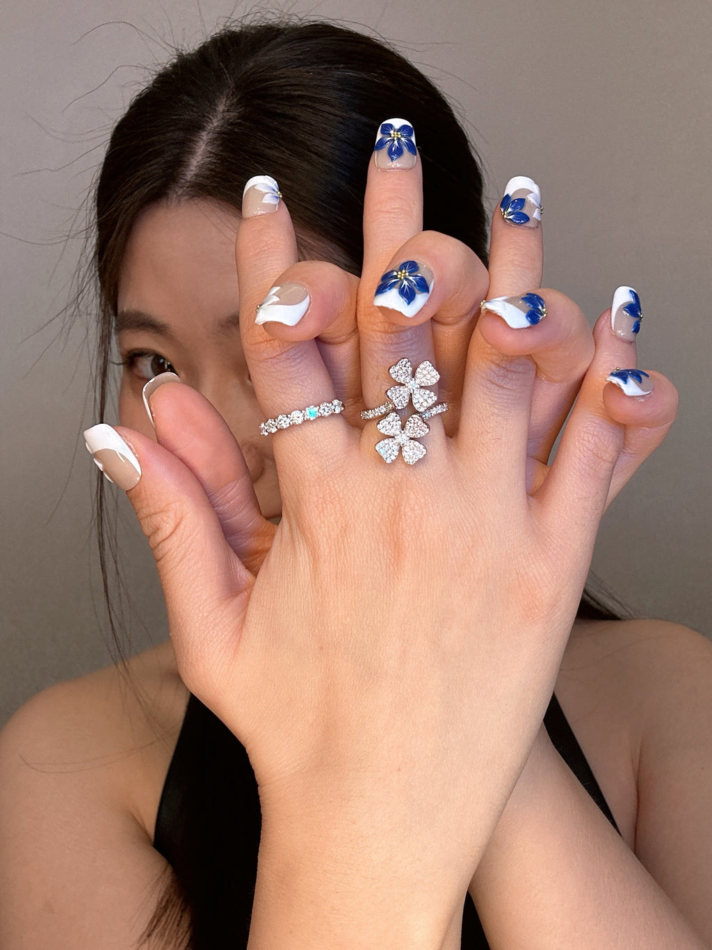 QModa 25-12S-6, SOFT MANNERS COLLECTION-Blue Courtesy, 100% hand made craft press on nails