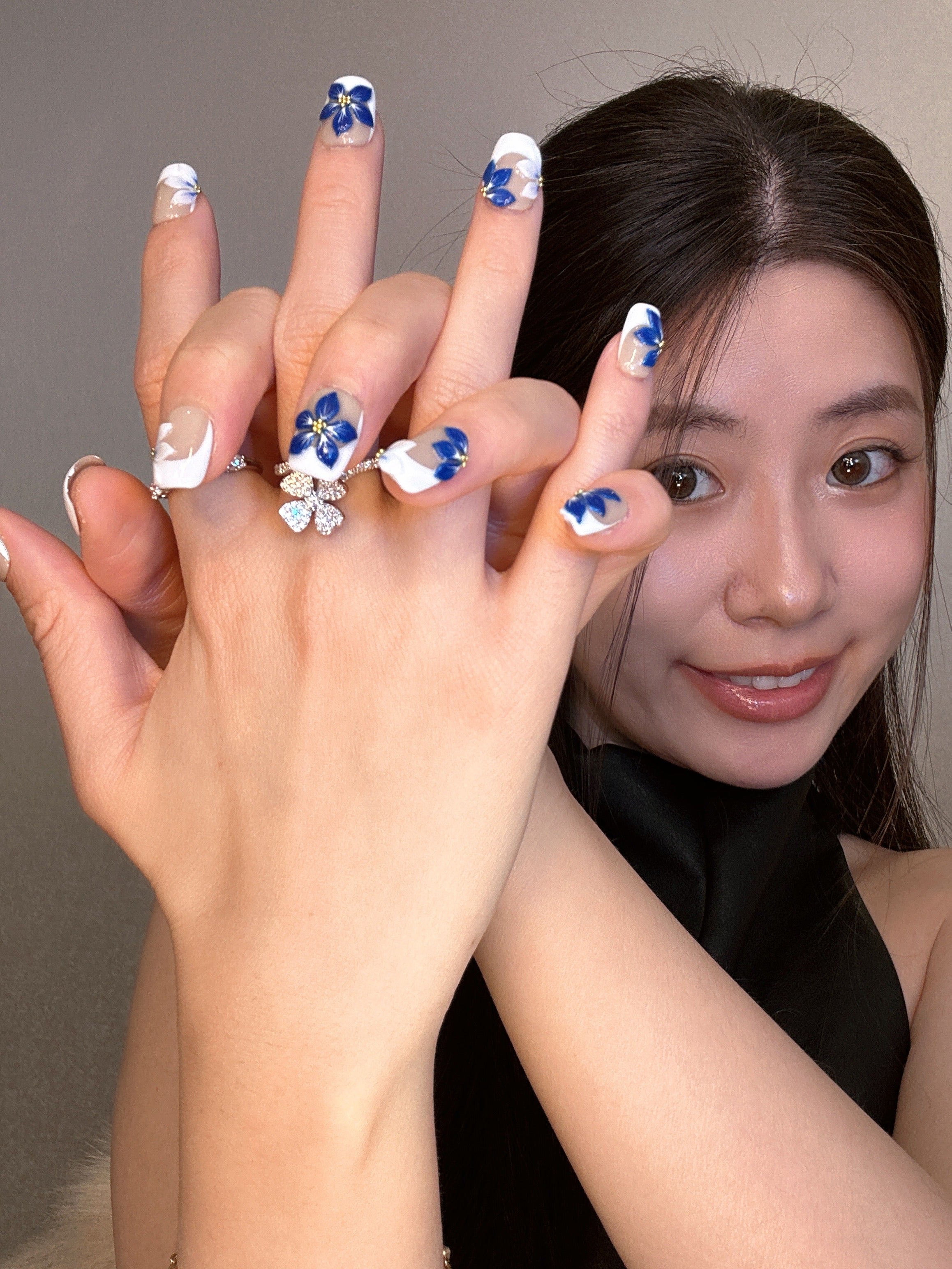 QModa 25-12S-6, SOFT MANNERS COLLECTION-Blue Courtesy, 100% hand made craft press on nails