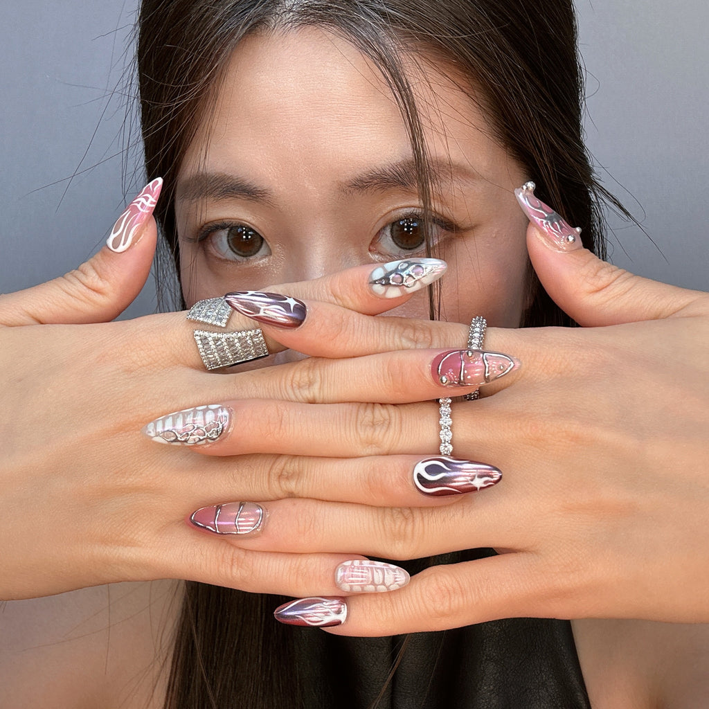 QModa 25-12S-9, EDITORIAL TENSION COLLECTION-Surface Tension, 100% hand made craft press on nails