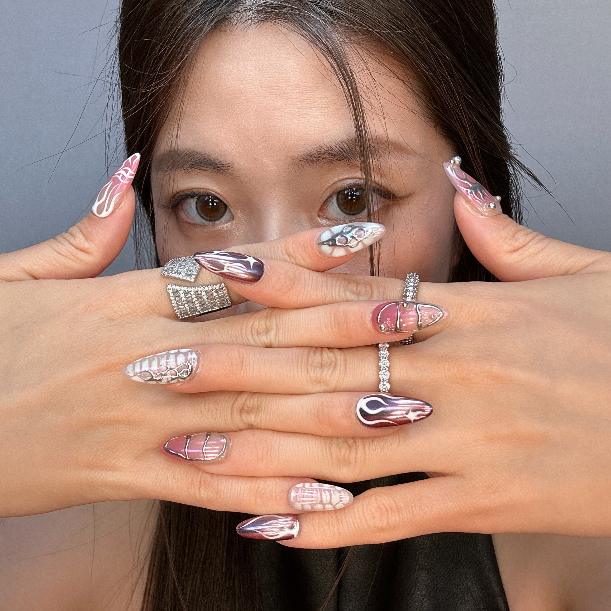 QModa 25-12S-9, EDITORIAL TENSION COLLECTION-Surface Tension, 100% hand made craft press on nails